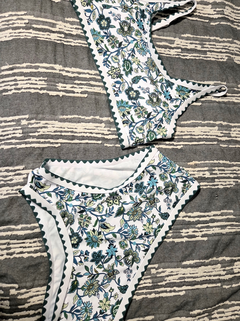 Retro Chic White Bikini Set with Teal and Green Floral Print